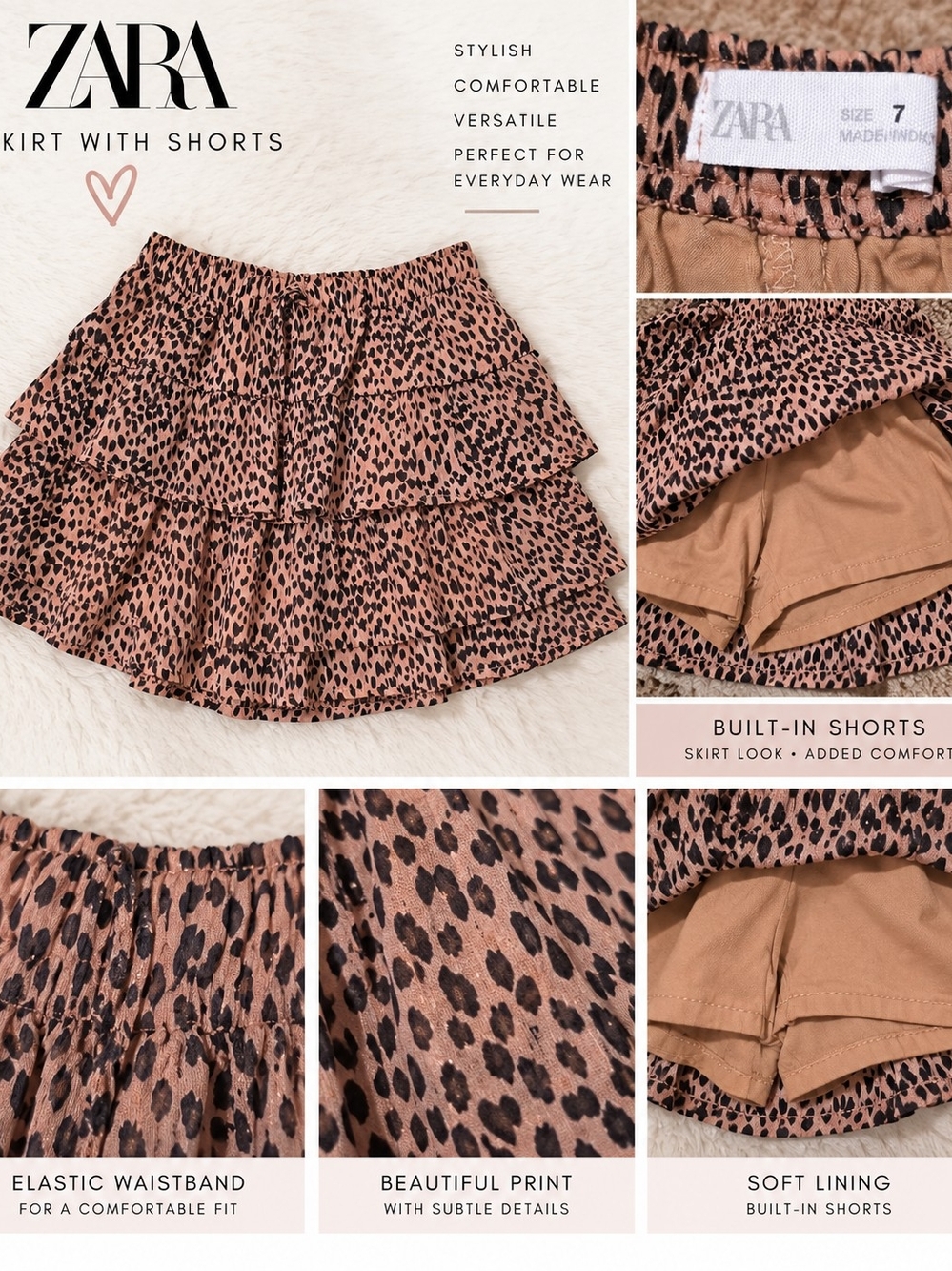 ZARA Tiered Leopard Print Skort in Brown and Black